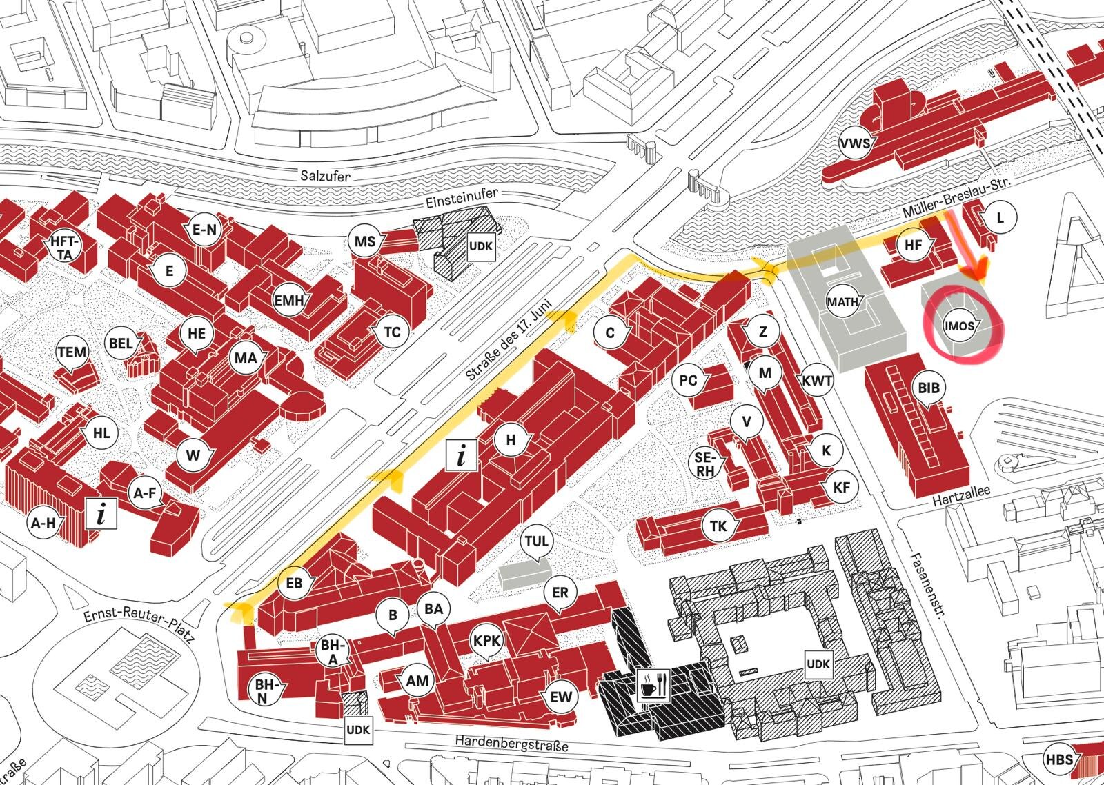Campus route map with the IMoS building circled